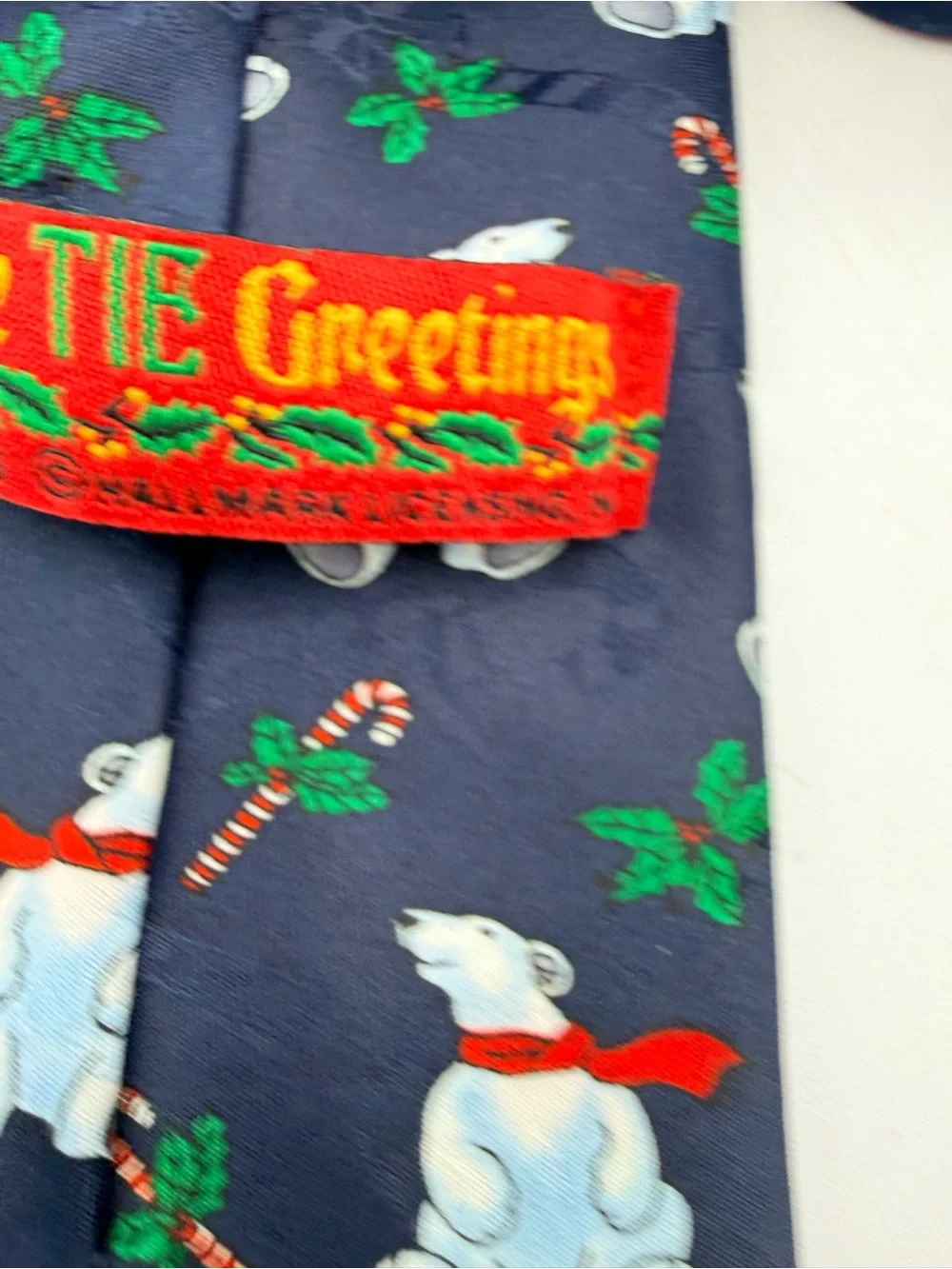 VTG Hallmark Christmas Polar Bear Candy Cane Navy Blue Men's Silk Holiday Tie
